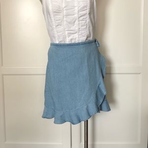 Chambray faux wrap ruffle skirt